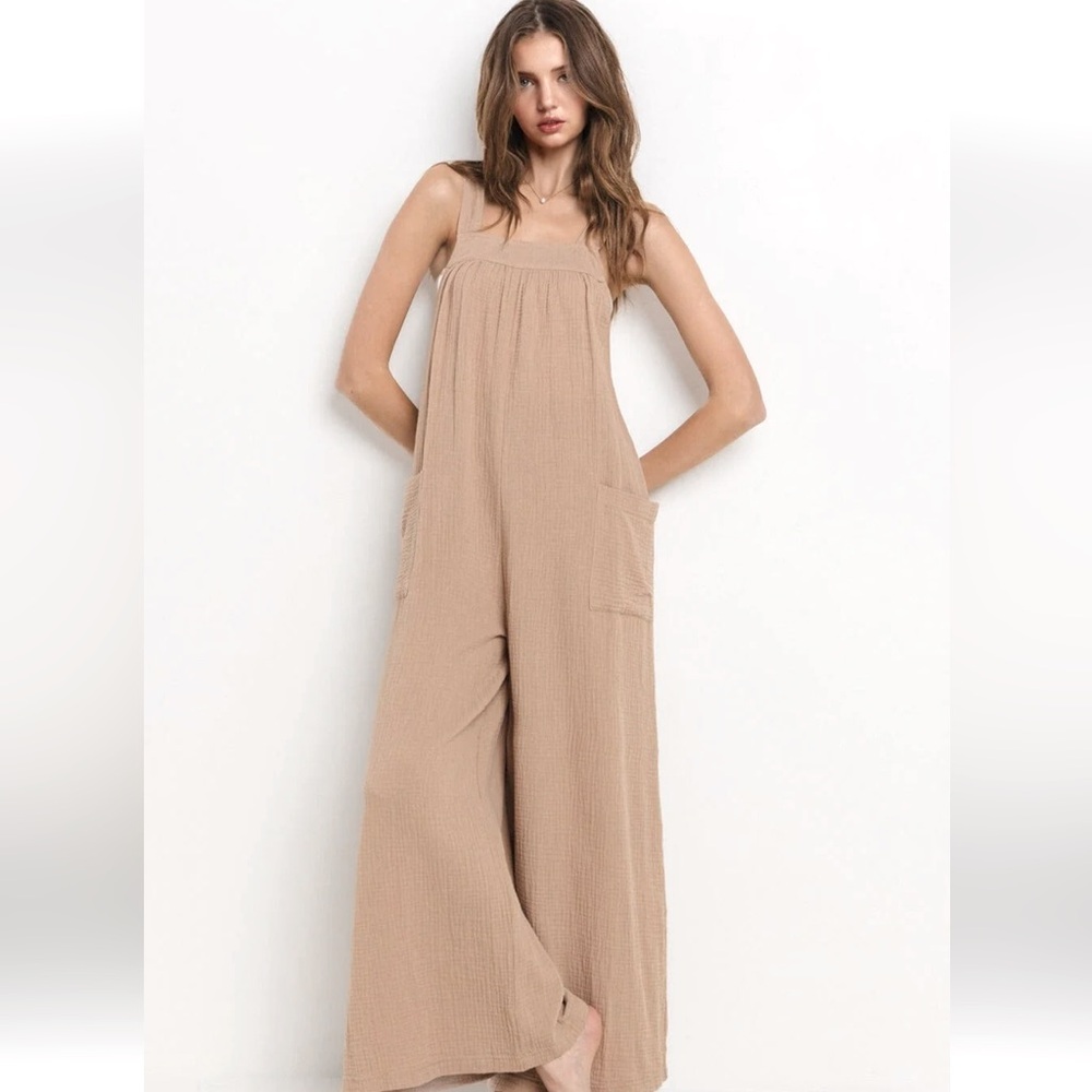 Boho Gauze Cotton  Solid Fabulous Wide Leg Jumpsuit
